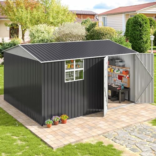 Image of AirWire 12x10 FT Outdoor Metal Storage Shed with Window, Heavy-Duty Galvanized Steel Tool Shed with Lockable Doors, Waterproof Garden Shed for Backyard, Patio, Lawn, Black