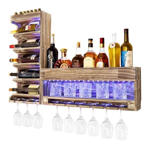 YORBAY Botellero con Luz LED Palet de Madera Flameada, Barra de Pared con Soporte para Corchos, para Copas de Vino, Copas de Whisky, Botellero de Casa Bar, Vintage, Regalo