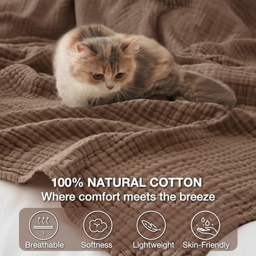 Image of 100% Cotton Muslin Blanket King 108 inch x 90 inch, Breathable and Lightweight Cotton Throw Blanket for Bed, Soft Cooling Summer Gauze Blanket for Adults All Season, Brown