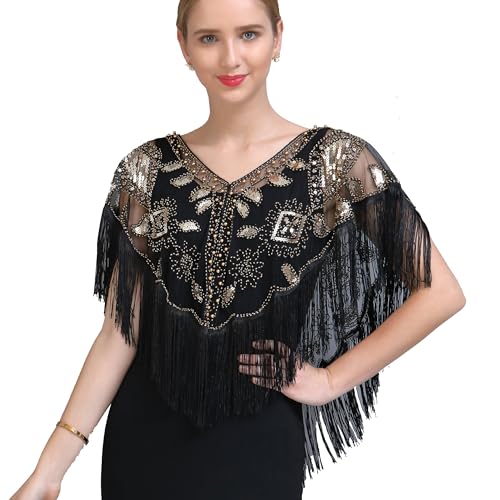 Sequin 1920s Shawl Lace Evening Cape Tassel Flapper Retro Cover Up for Women Dress Party Halloween