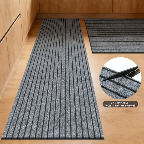 Image of 2ft x 8ft Runner Rug, Non Slip Indoor Outdoor Rugs, Waterproof Low Profile Carpet Runners for Hallway Entryway Kitchen Garage Patio Balcony, Custom, Grey Stripes