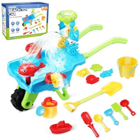 Water Table Toys for Toddlers Kids Ages 1 3 4 5 8, Small Wheelbarrow Beach Sand Toys Set, Water Splash Playset Sensory Activities Sandbox Toys, Multiple Sand Molds Kit, Gardening Outdoor Backyard Toys Cover