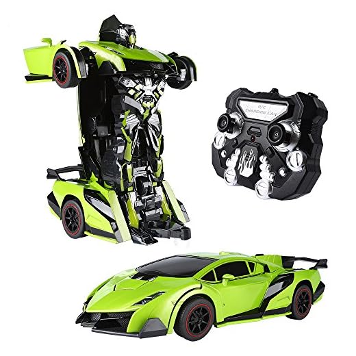 SainSmart Jr. Transform Car Robot, Electronic Remote Control RC Vehicles with One Button Tranforming and Realistic Engine Sound, for Kids(Green)