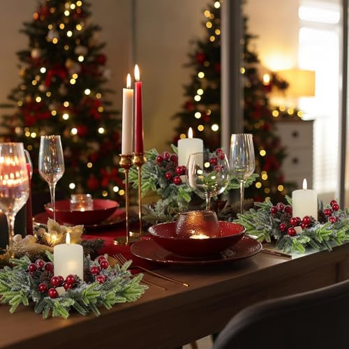 Image of 4 Pcs Christmas Candle Rings Wreath Mini Christmas Table Centerpieces Red Berry Pinecones Wreaths for for Front Door Kitchen Cabinet Holiday Party Farmhouse Porch Wall Outdoor Indoor Home Decoration