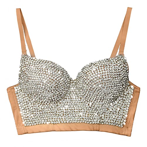 ELLACCI Women's Handmade Rhinestone Diamond Push up Bustier Crop Top Sexy Punk Corset Bra Khaki