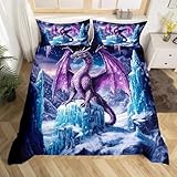Juego de cama reversible de poliéster con diseño de dragón de acuarela, color morado, occidental, animales salvajes (no cómodo), juego de hielo glaciar azul natural, cremallera, corbatas