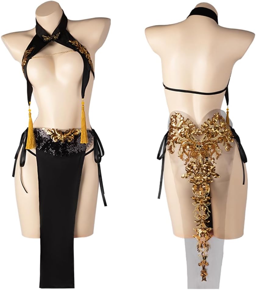 sexy cheongsam dress for women Lingerie outfit Perspective Chinese Qipao Cosplay Costume Bodycon Nightgown anime Roleplay High Split tassel Chemise Babydoll Top Skirt Thong Black