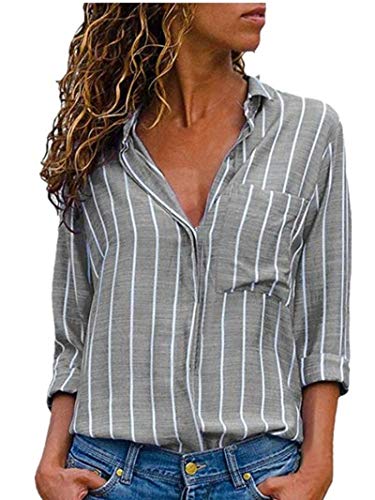 Camiseta de Manga Larga para Mujer, BBestseller Ropa Camisetas Mujer, Mujeres Ocasionales De Camisa de Manga Larga con Cuello en V deBotón Impreso Casual para Mujer (M, Gris)