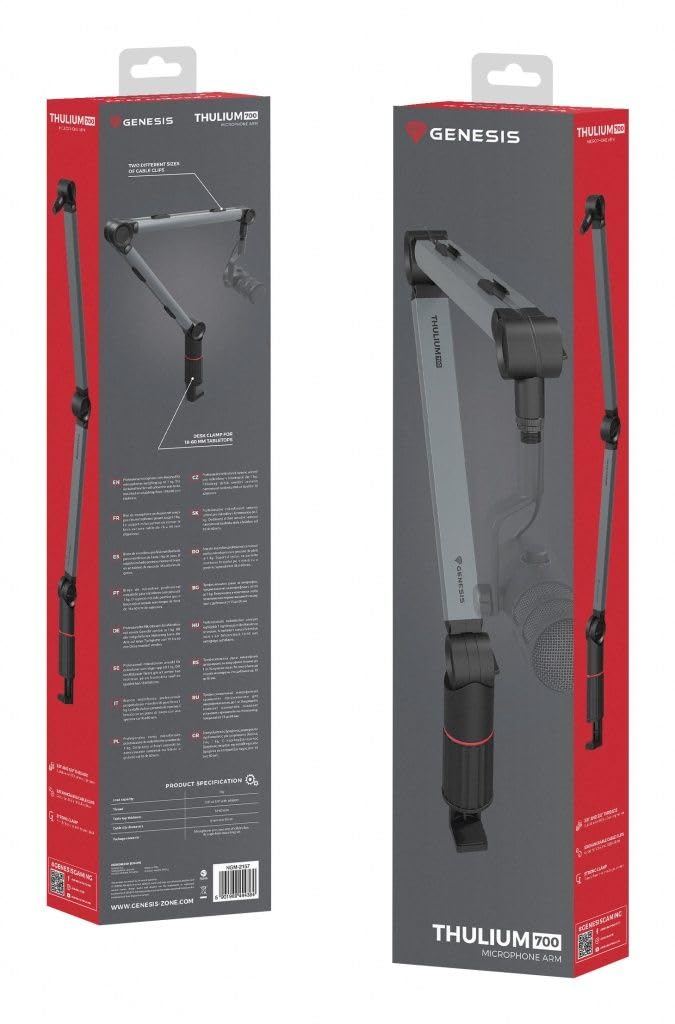 Genesis Thulium 700 Microphone Boom - Robust, Adjustable Microphone Holder for Gaming, Streaming & Content Creation, Compatible with 99% Microphones, Max. 1 kg, Flexible Angle, Cable Management