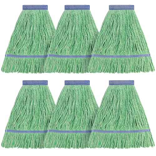 Image of Matthew Cleaning Heavy Duty Mop Head Commercial Replacement for General and Floor Cleaning , Wet Industrial Blue Cotton Looped End String Head Refill (Pack of 6) Green