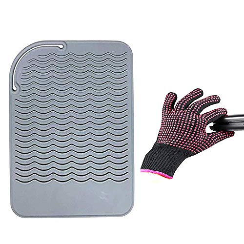 Image of Heat Resistant Glove with Silicone Bump Mat for Curling Iron, Hair Straightener, Flat Irons - 9 x 6.5 Food Grade Mat, Grey