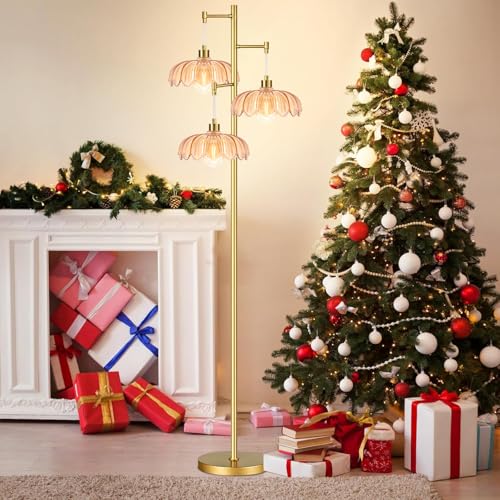 Image of Vintage Floor Lamps for Living Room Bedroom-3 Light Glass Floor Lamp with Three Led Bulb, Flower Tall Floor Lamp Gold Mid Century Modern Standing Lamp Tree Floor Lamps for Living Room Bedroom Corner