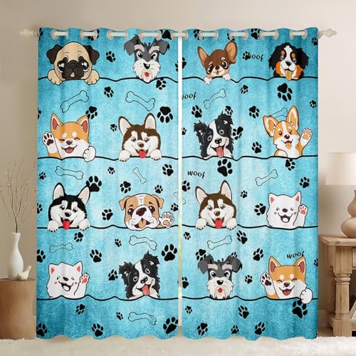 Lovely Dog Window Drapes for Boys Girls Bedroom,Cute Puppies Cartoon Animal Window Treatments Microfiber Polyester 42Wx63L Inches,Kawaii Paw Print Blue Window Curtains (Not Blackout)