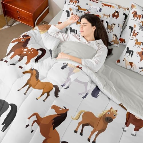Image of Erosebridal Cartoon Horse Comforter Set 7 Piece Bed in a Bag Twin | Western Bedding Sets Cowboys Wildlife Farm Animals Comforter and Sheet Set, Rustic Farmhouse Bed Sets,Plain White