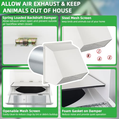Image of 8 Inch Hooded Wall Vent with Screen and Damper,Outdoor Wall Exhaust Vent Cover Wall Cap for Exterior Kitchen Range Hood Ventilation Dryer HVAC Duct Air Exhaust, Galvanized Steel, White