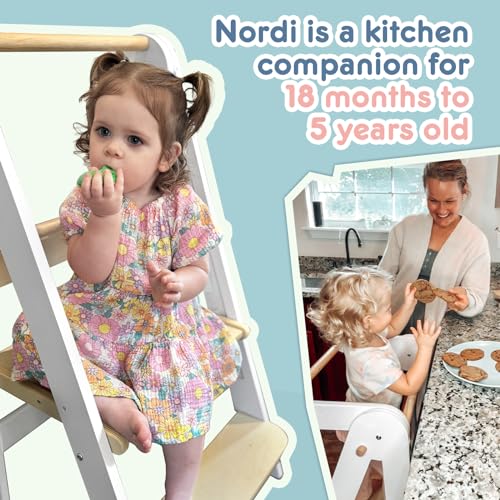 Nordi Foldable Toddler Kitchen Tower, Montessori Kitchen Stools Helper, Standing Tower with 3 Adjustable Heights, Suitable Age for 2-6 Years, White