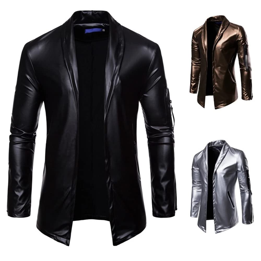 Suéter Estilo de Cuero para Hombres Cuello Alto Estiramiento con Cremallera Bolso Chaqueta de Cuero para Hombres/Silver/Xx-Large