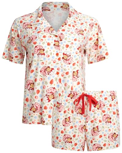 Image of COCO BRANDS Strawberry Shortcake Womens Pajama Set - 2 Piece Short Sleeve Button Down Sleep Shirt and Pajama Shorts