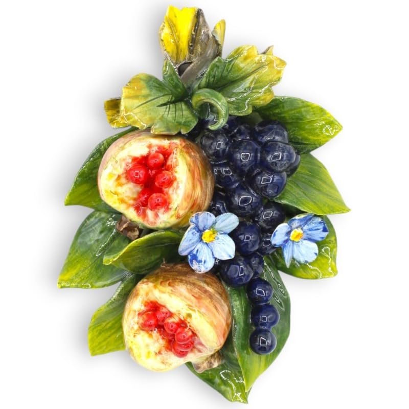 Céramique fine de Sicile bouquet de grenades et raisins artisanaux h23cm