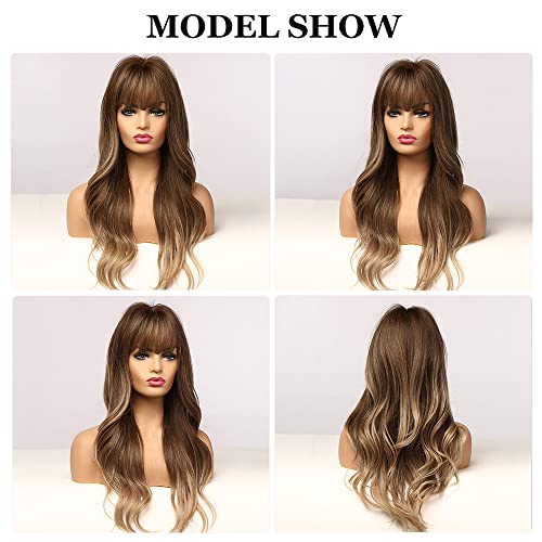 Esmee 24 Inch Long Golden Brown Ombre Wig with Bangs for Women Synthetic Wigs Natural Wave Heat Resistant Hair Wigs for Daily Party Cosplay Use