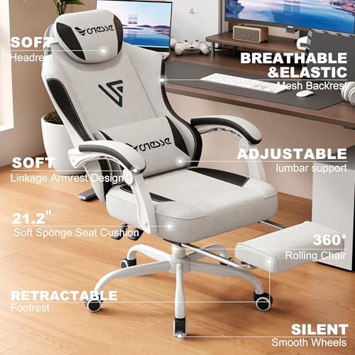 Image of Vonesse Gaming Chair, Office Chair with Linen Breathable Mesh Fabric, Desk Chair with Adjustable Lumbar Support, Executive Computer Chairs with Footrest and Headrest (Beige White)