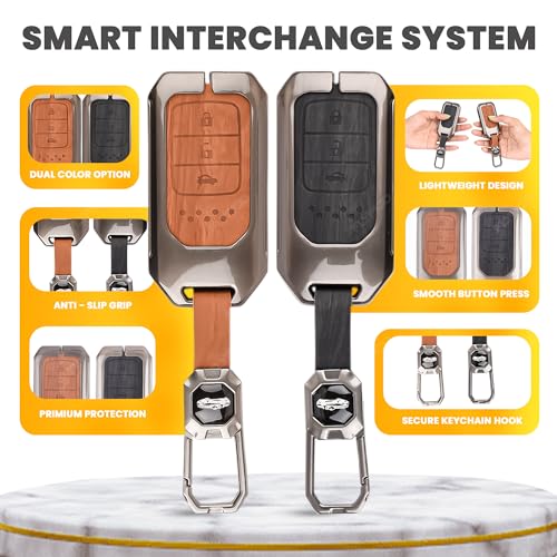 Image of Car Key Cover Compatible with Honda BRV, WRV, CRV, Jazz, City 3-Button Smart Key (Dual Leather Metal (Black & Brown))
