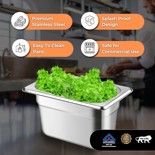 Image of HS Stainless Steel GN Pan Ninth Size 1 /9 150mm Depth 1L Capacity Anti-Jam Design 100% BIS Certified Raw Material European Standard Made in India 17.6 x 10.8 x 15 cm Professional Kitchen Grade