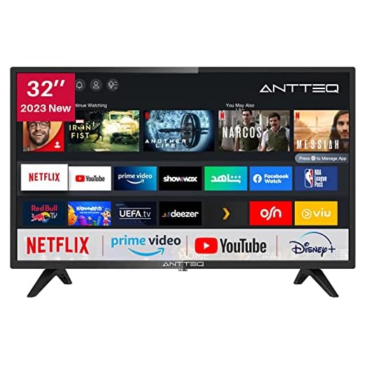 Antteq AV32H3 Smart TV 32 Pulgadas (80 cm) Televisores con Netflix, Prime Video, Rakuten TV, Disney+, Youtube, WiFi, Triple sintonizador DVB-T2/S2/C, Dolby Audio