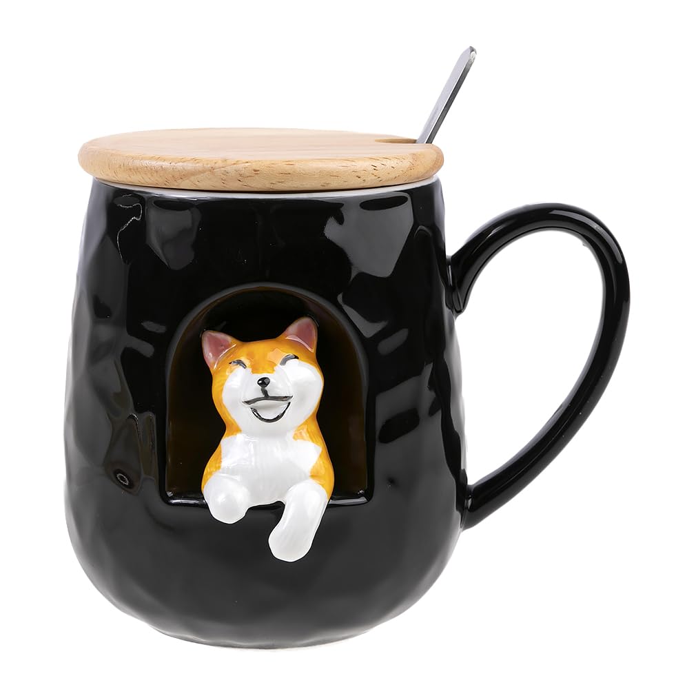 lachineuse - Dog Mug - 3D Relief - Happy Dog - Porcelain, Wood, Metal - 380 ML - with Lid and Spoon - Coffee Mug, Tea, Chocolate, Cappuccino - Original Gift Idea