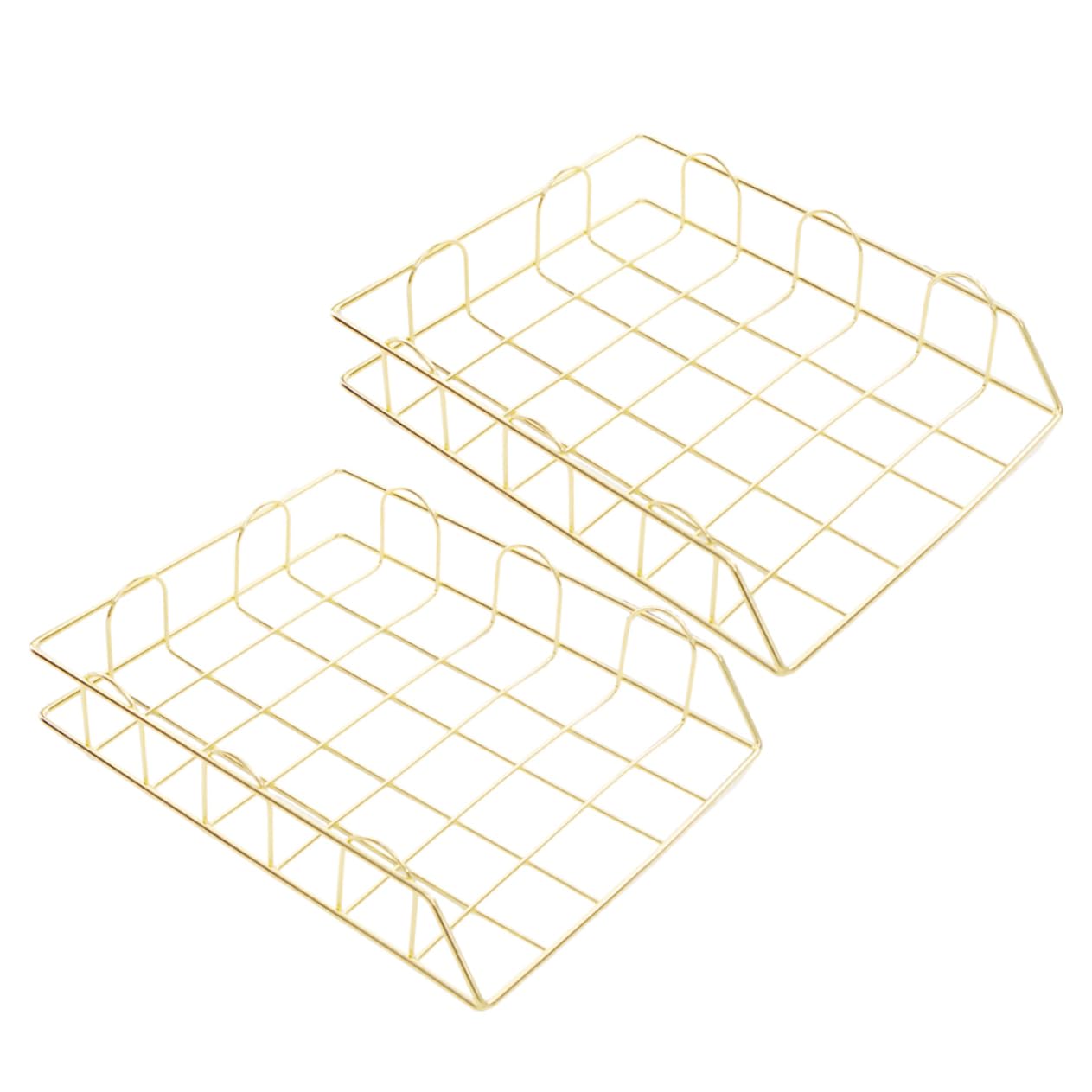 PLAFOPE 2pezzi Portadocumenti Impilabile in Metallo Cestino Portaoggetti da Ufficio Contenitore per Carta in Ferro Dorato Organizer per Scrivania