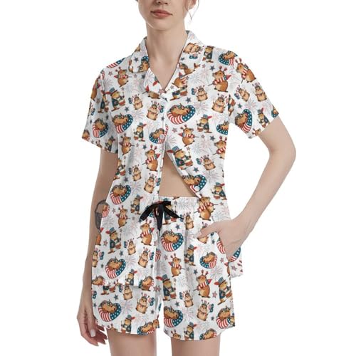 Image of Funny Satin Pajamas Set for Women Button Down Sleepwear Print Pjs Set 2 Piece Short Sleeve Loungewear Gift for Women