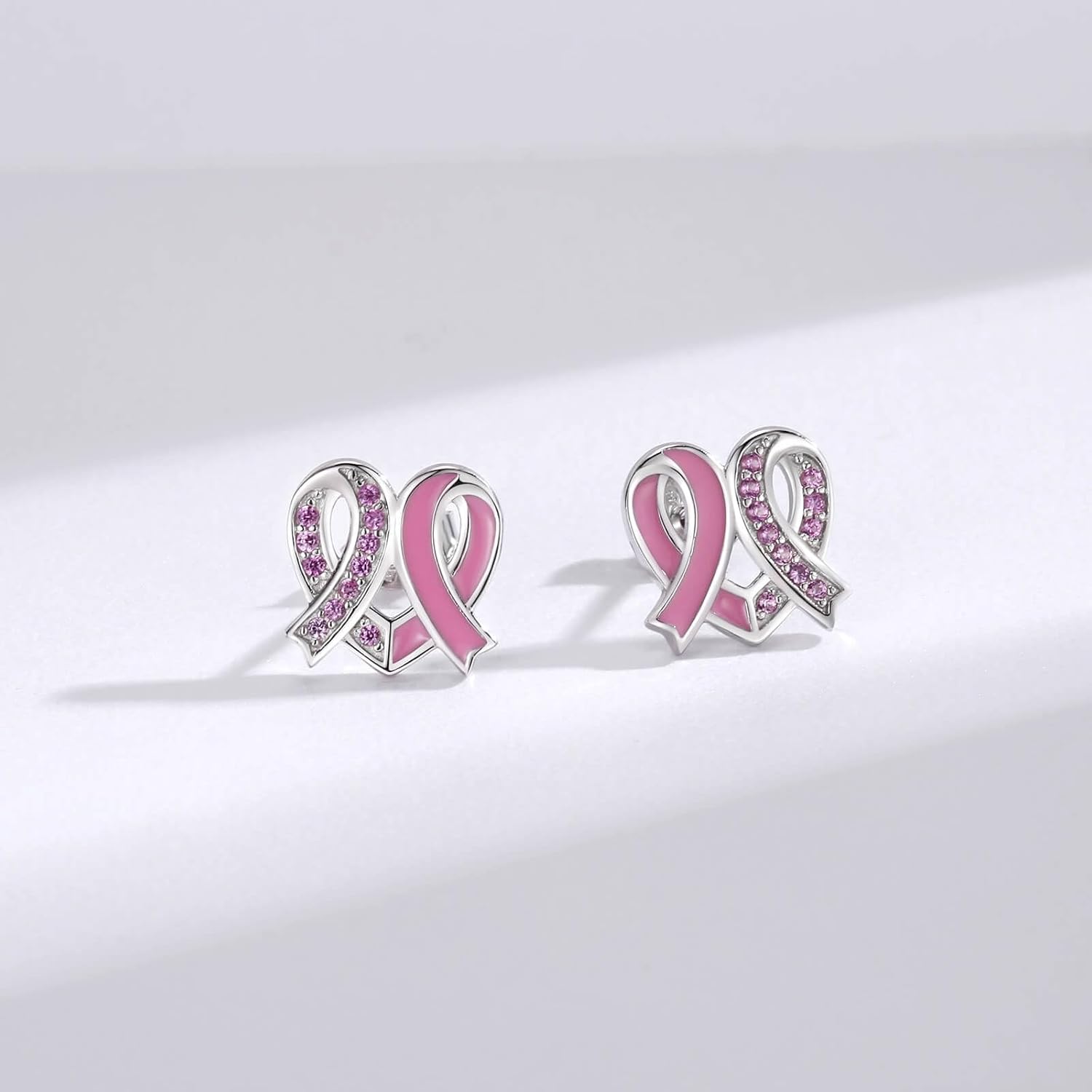 925 Sterling Silver Pink Ribbon Breast Cancer Awareness Stud Earrings Inspirational Gift for Women - Image 2