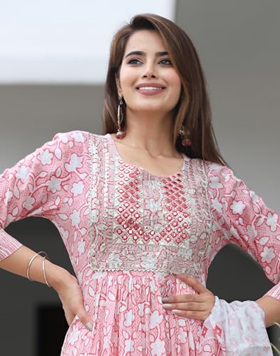 Image of Women's Stylish Rayon Nayra Cut Kurta Embroidered Work and Round Neck 3 /4 Sleeve with Pant Dupatta Set