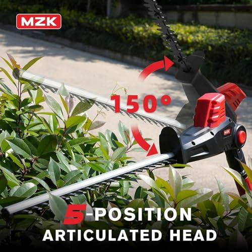MZK 20V MAX 23-inch Cordless Pole Hedge Trimmer Attachment, 8-Feet Reach, Electric Hedge Trimmer with Extension Pole, Multi-Angle (Two Batteries and Charger Included)(RED Black) - Thumbnail 6