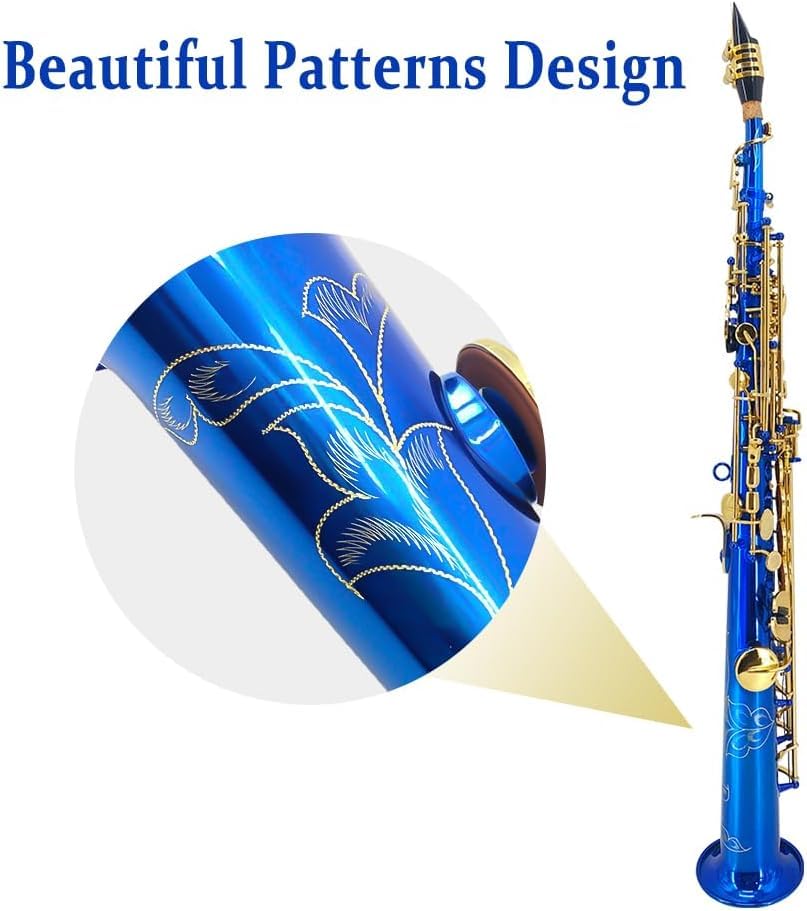 Image of Straight Soprano Saxophone Bb B Flat Sax with Case, Mouthpiece,Reeds & Accessories Brass Woodwind Instrument for Beginners,Adults & Advanced Players Blue