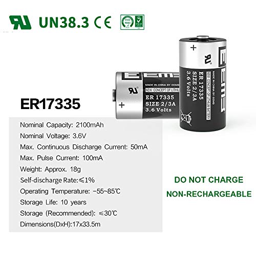 Eemb Er17335 Nonrechargeable 3.6V Lithium Battery Li-Socl₂ 2/3A Size 2100Mah High Capacity Ul Certified Single-Use 3.6V Lithium Thionyl Chloride Battery Do Not Charge Battery #TOP1
