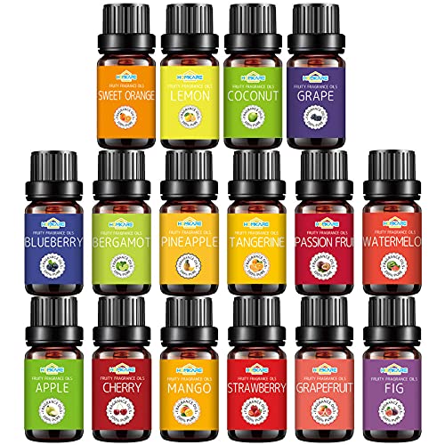Homkare Fragrance Oils, Top 16 Natural Fruity Essential Oils, Scented Oils for Soap Making, Candle Making, Bath Bomb & Home (16 x 10ml/0.35 fl.oz)