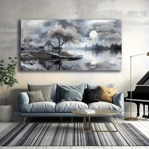 Toile lac au clair de lune grand format 90x180cm paysage de nuit sans cadre