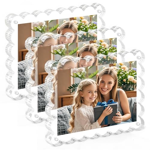 3Pack Magnetic Acrylic Picture Frames 5×7 Inch - Scalloped Photo Frame with 10+10mm Thick Block, Double Sided Clear Frames for Desktop Display | Trendy Home Gift (Clear, 5X7)