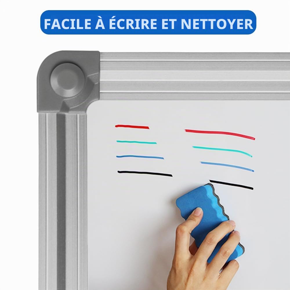 XIWODE Tableau blanc magnétique effaçable à sec - Fixation murale - 100 x 70 cm - Tableau blanc léger - Cadre en aluminium argenté avec surface en acier laqué