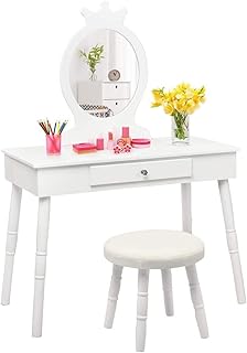 INFANS Kids Vanity Dressing Table & Stool Set, Wooden Pretend Play Dressing Table with Real Mirror, Drawer, Crown Shape Princess Makeup Dressing for Little Girls