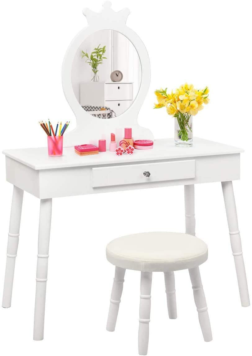 Buy INFANS Kids Vanity Dressing Table & Stool Set, Wooden Pretend Play