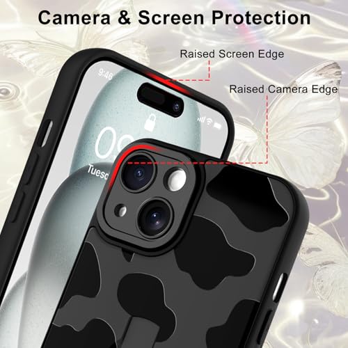 Image of for iPhone 15 Case with Finger Strap Holder, Cute Cool Cow Print Pattern Design for Women Men, Shockproof Anti Scratch Hand Kickstand Protective Cover, Gray