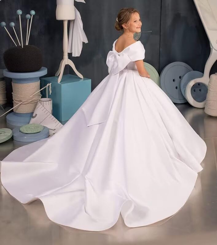 Satin Flower Girl Dress for Wedding Off Shoulder Ball Gowns for Kids Long Princess Pageant Dresses with Bow-Knot2