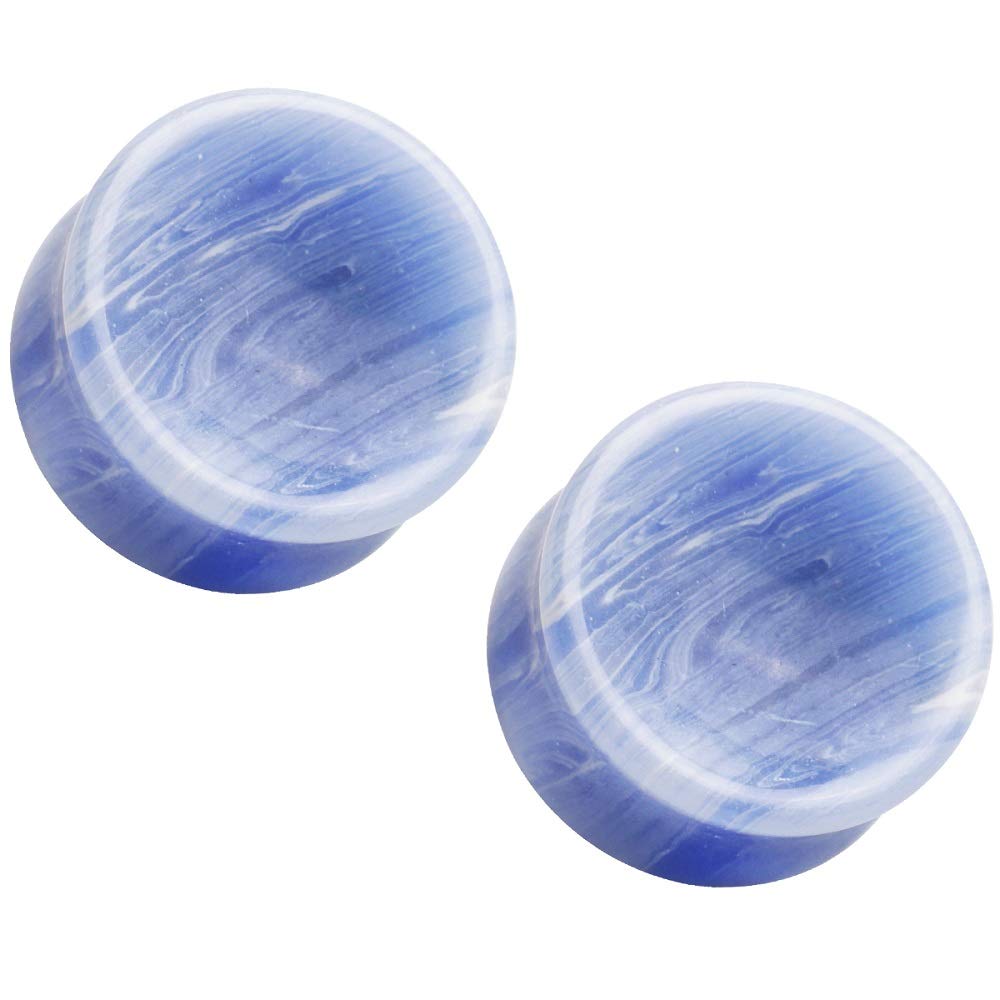 Pierced OwlBlue Lace Agate Concave Stone Double Flared Saddle Plug Gauges, Sold as a Pair