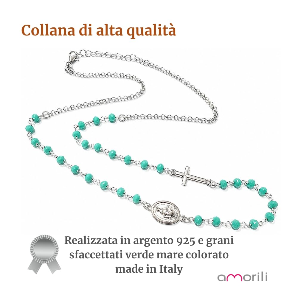 Collana Rosario Girocollo Uomo Donna in Argento 925 con Grani Verde Mare Sfaccettati – Collana Religiosa Cattolica Cristiana di Fede – Gioiello Elegante cll2212