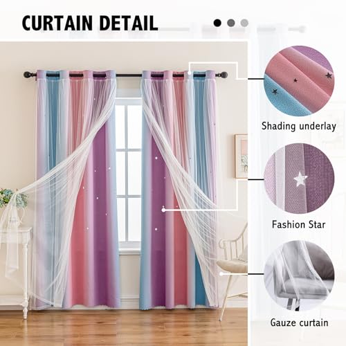 Image of indistar Colourful Stripe Star Cut-Out Blackout Curtains for Bedroom,2 Layers Mix Design of Fabric & Tulle,Pretty Window Curtain for Kids Room 1 Panel (W52 x L63 Purple Pink Blue)