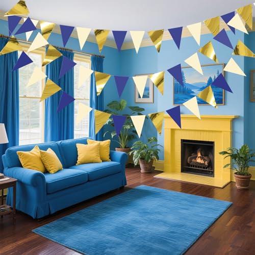 Image of Blue Gold Beige Hanging Triangle Flag Pennant Garland Blue Gold Hanging Paper Pennant Streamer Paper Triangle Flag Bunting Banner for Graduation Wedding Birthday Party Decorations 30 Feet