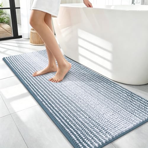 Image of OLANLY Bathroom Runner Rugs 47x17, Extra Soft Absorbent Chenille Striped Bath Rugs, Rubber Backing, Machine Wash Dry, Long Bath Mats for Bathroom, Tub, Shower, Home Decor Accessories, Airy Blue
