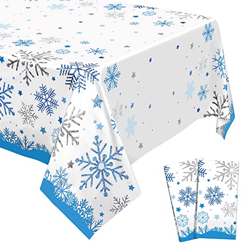 durony 2 Pack Frozen Birthday Party Tablecloth Supplies Christmas Winter Snowflake Tablecloth Disposable Plastic Table Cover for Christmas Winter Wonderland Frosen Party Decors, 108 x 54 Inch